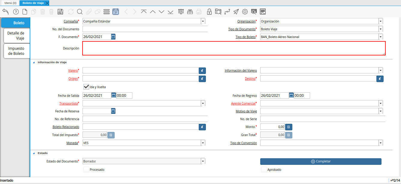 campo descripción de la ventana boleto de viaje
