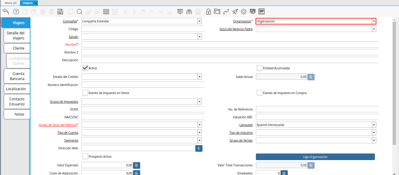 campo organización de la ventana viajero