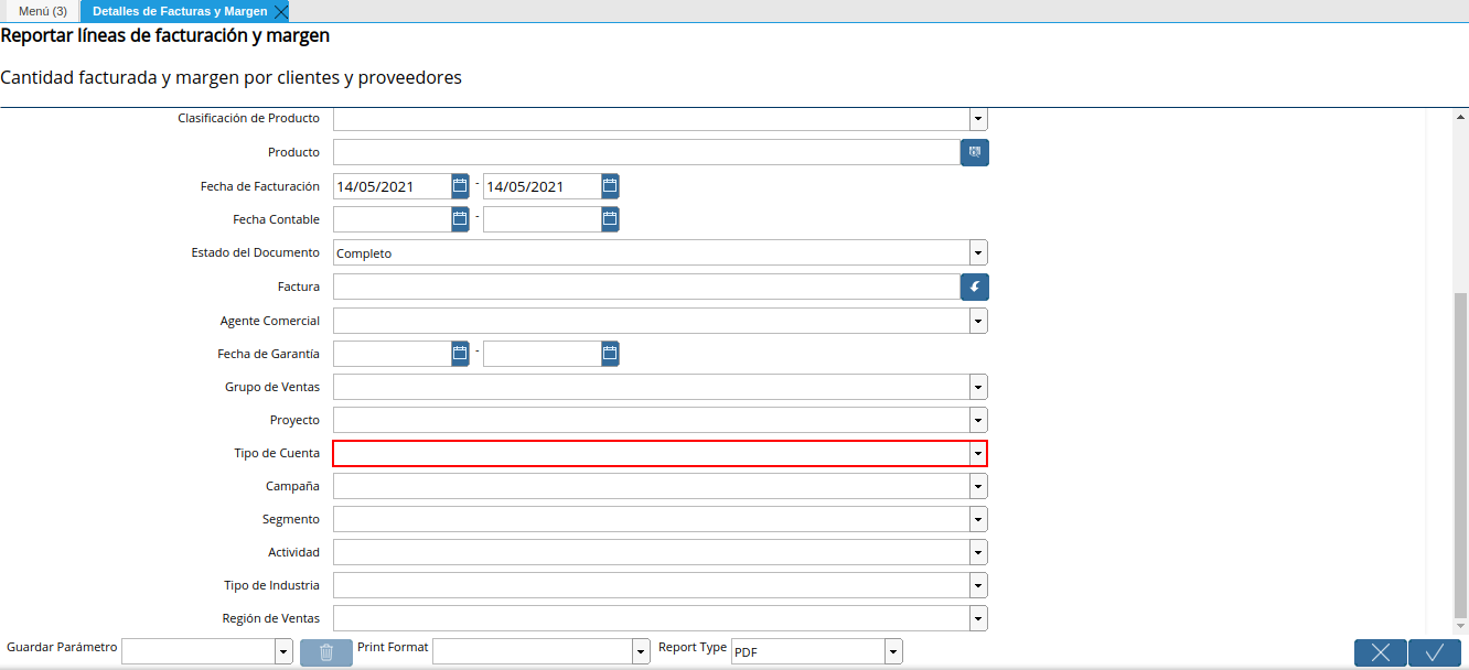 campo tipo de cuenta del reporte detalles de facturas y margen