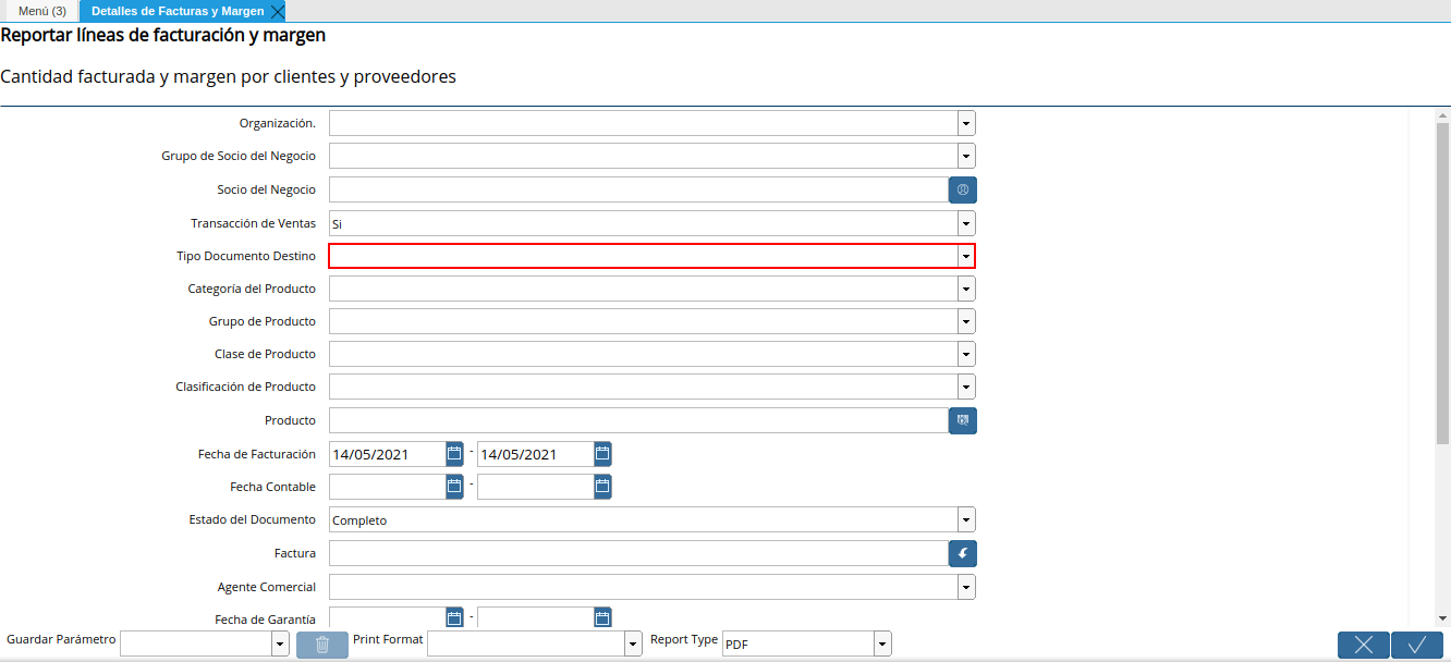 campo tipo de documento destino del reporte detalles de facturas y margen