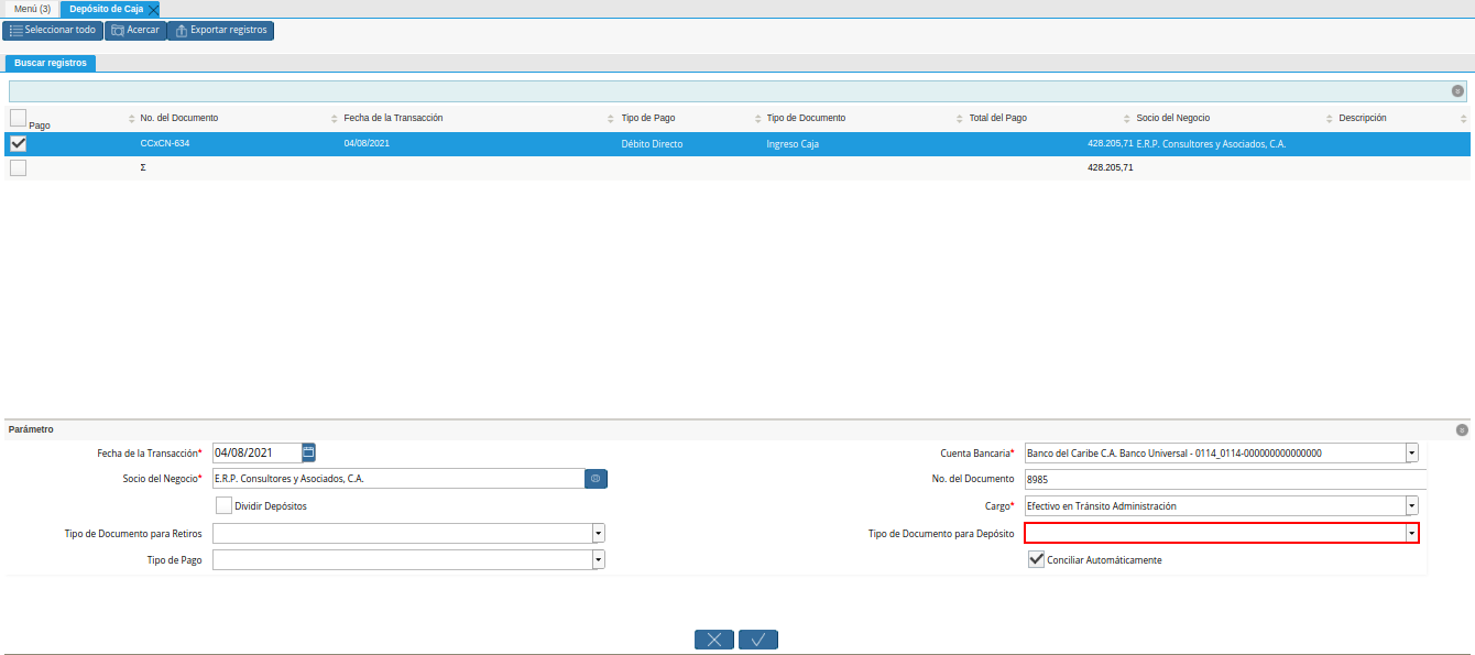 campo tipo de documento para deposito de la ventana deposito a caja