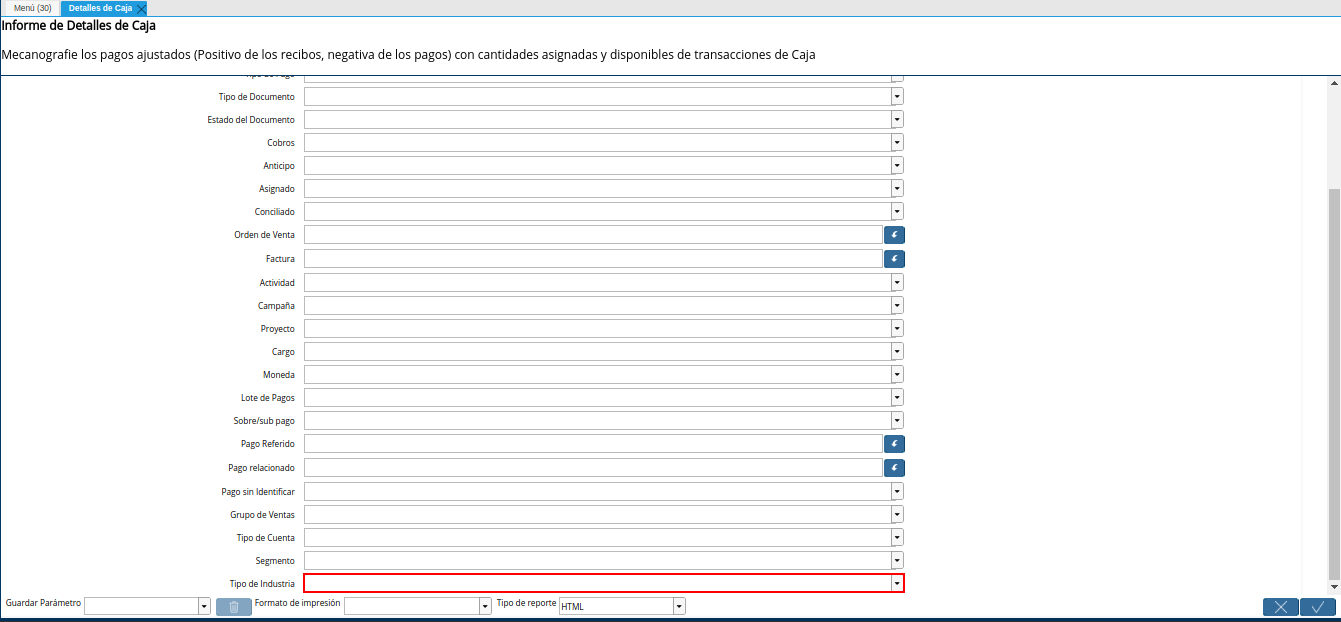 campo tipo de industria del reporte detalle de caja