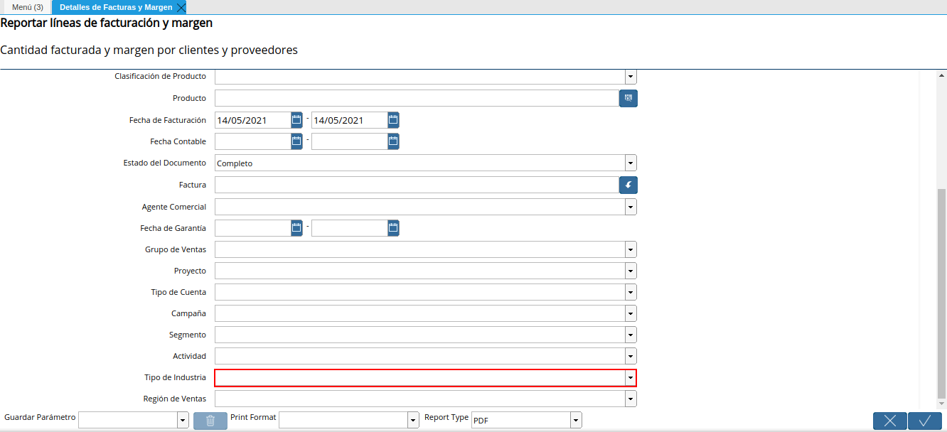 campo tipo de industria del reporte detalles de facturas y margen