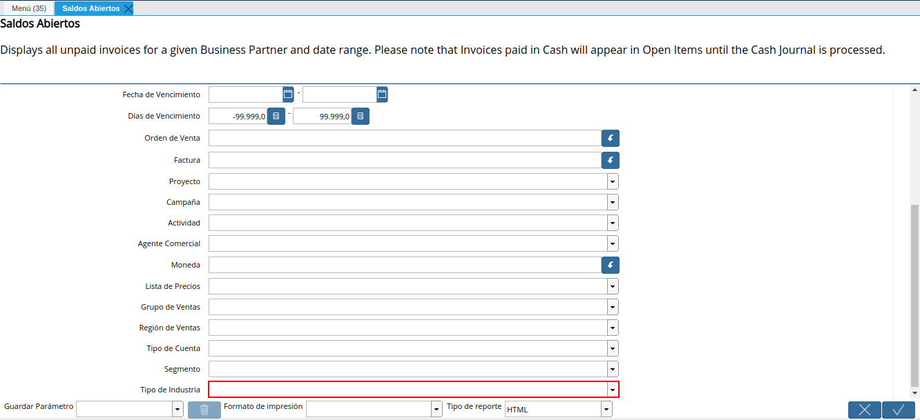 campo tipo de industria del reporte de saldos abiertos