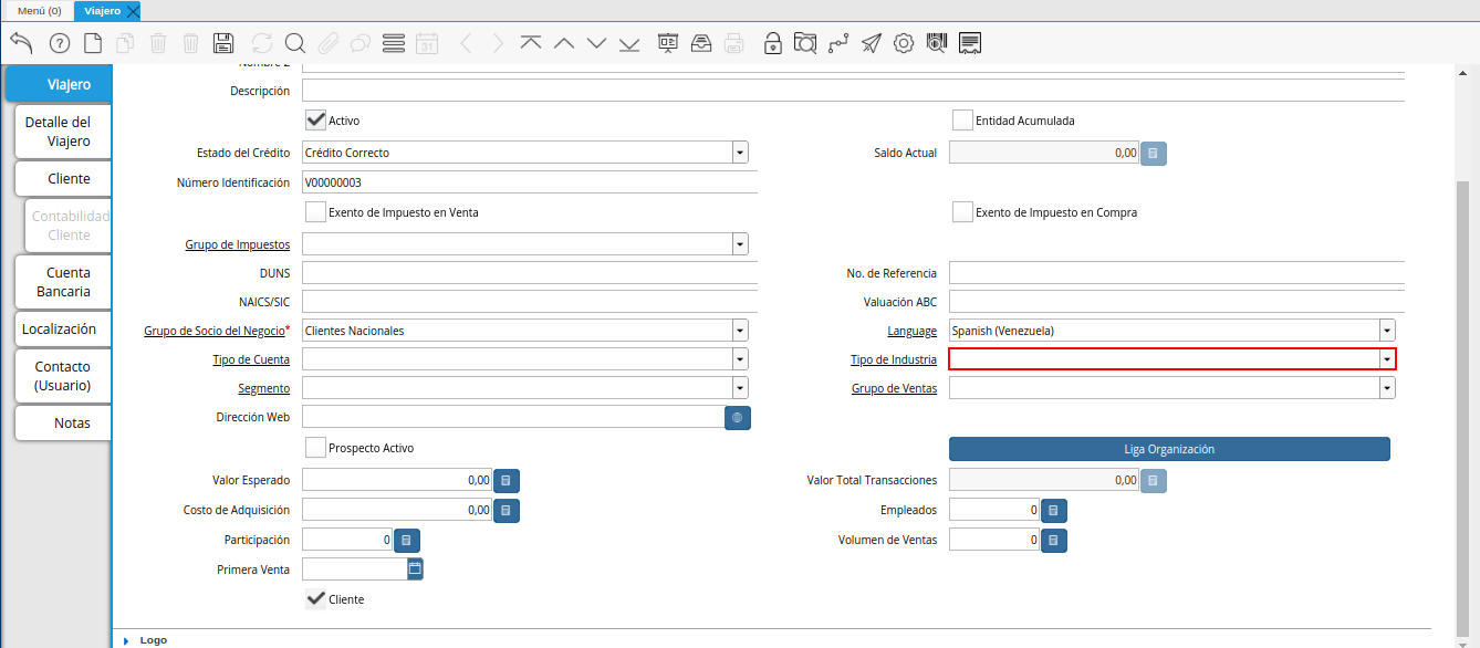 campo tipo de industria de la ventana viajero