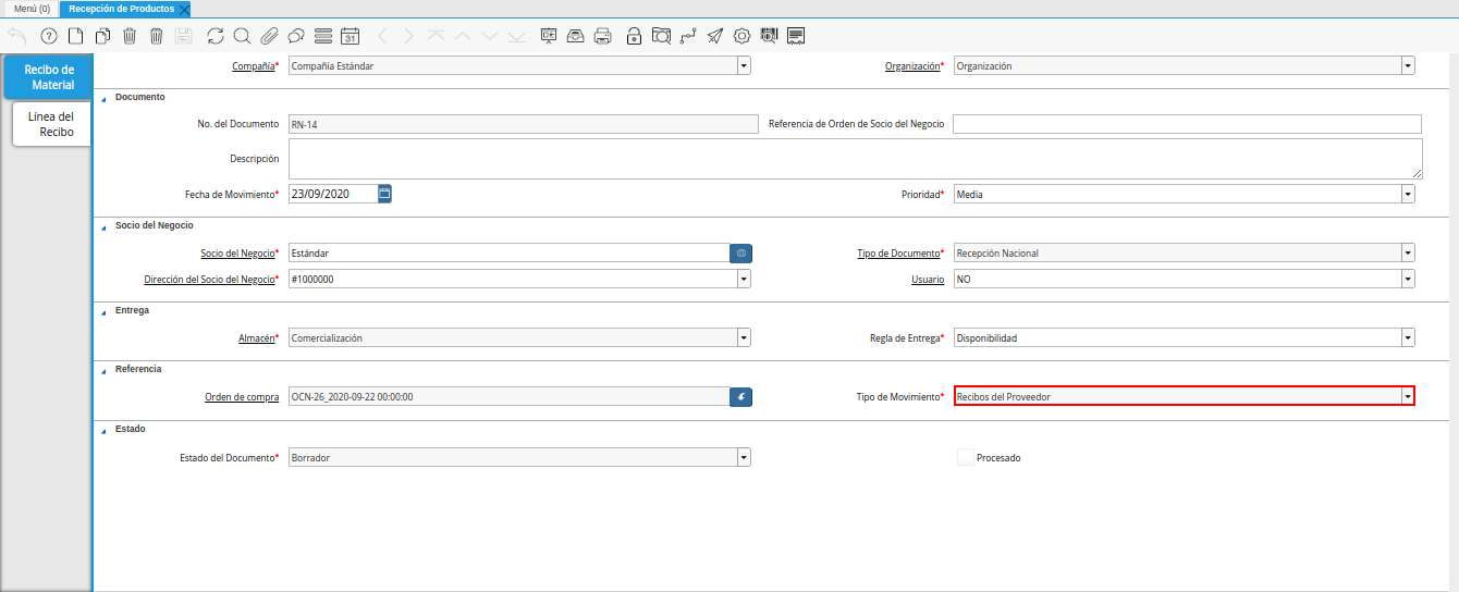 campo tipo de movimiento de la ventana recepción de productos