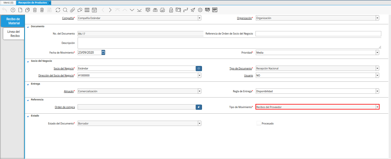 campo tipo de movimiento de la ventana recepción de productos desde factura