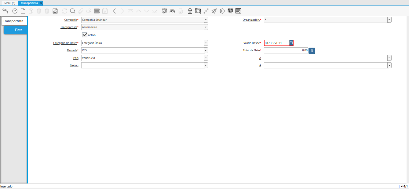 campo válido desde de la ventana transportista