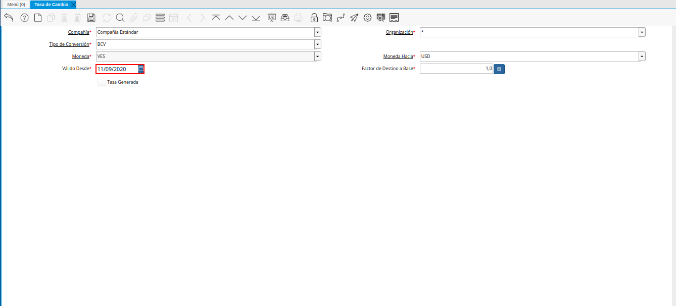 Campo Válido Desde de la Ventana Tasa de Cambio