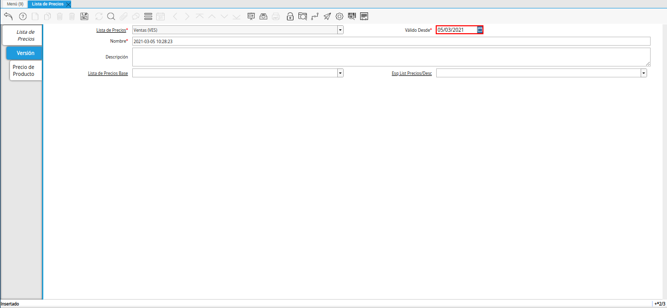 campo válido desde para lista de precios desde última oc procesada