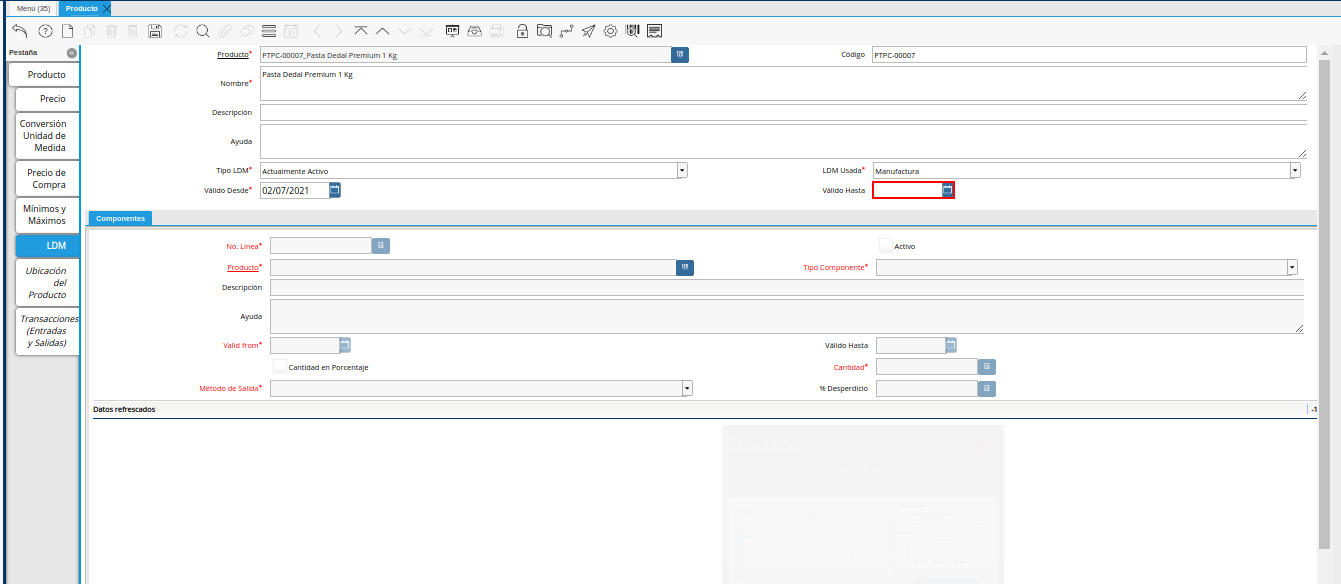 Campo Válido Hasta del Producto de la Pestaña LDM
