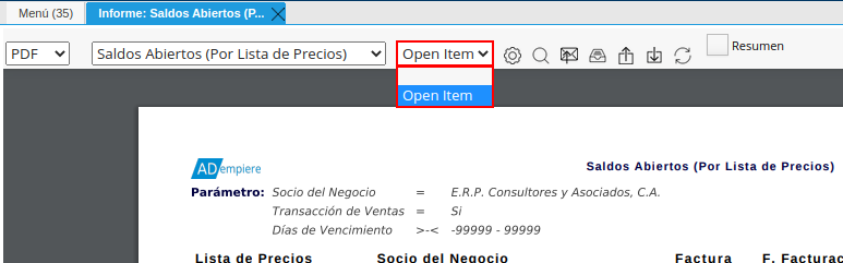 campo vista del informe de la barra