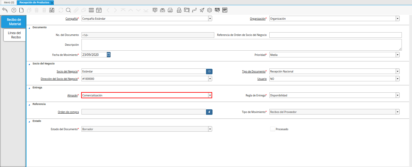 campo almacén de la ventana recepción de productos