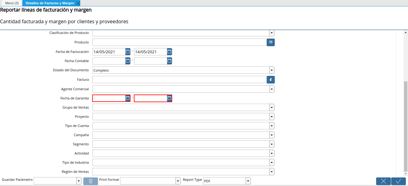 campo fecha de garantía del reporte detalles de facturas y margen