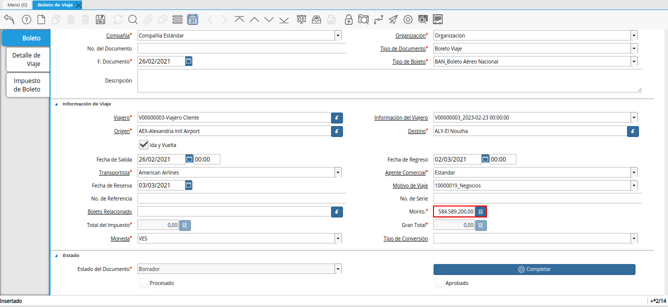 campo monto de la ventana boleto de viaje
