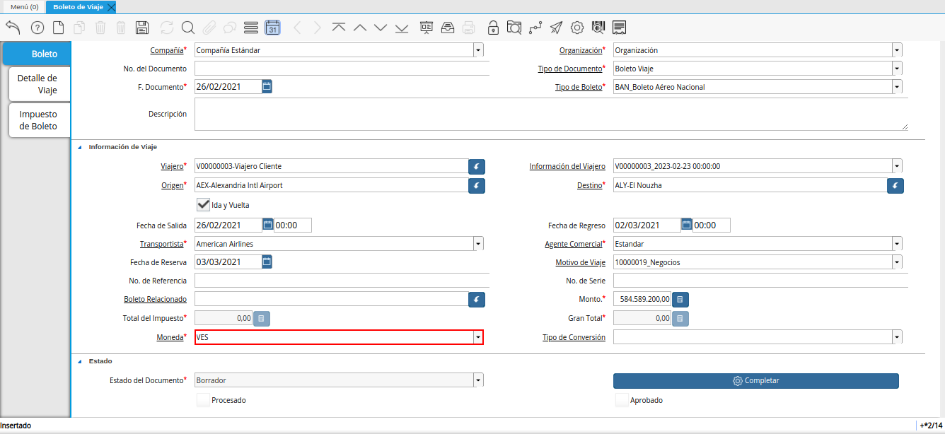 campo moneda de la ventana boleto de viaje