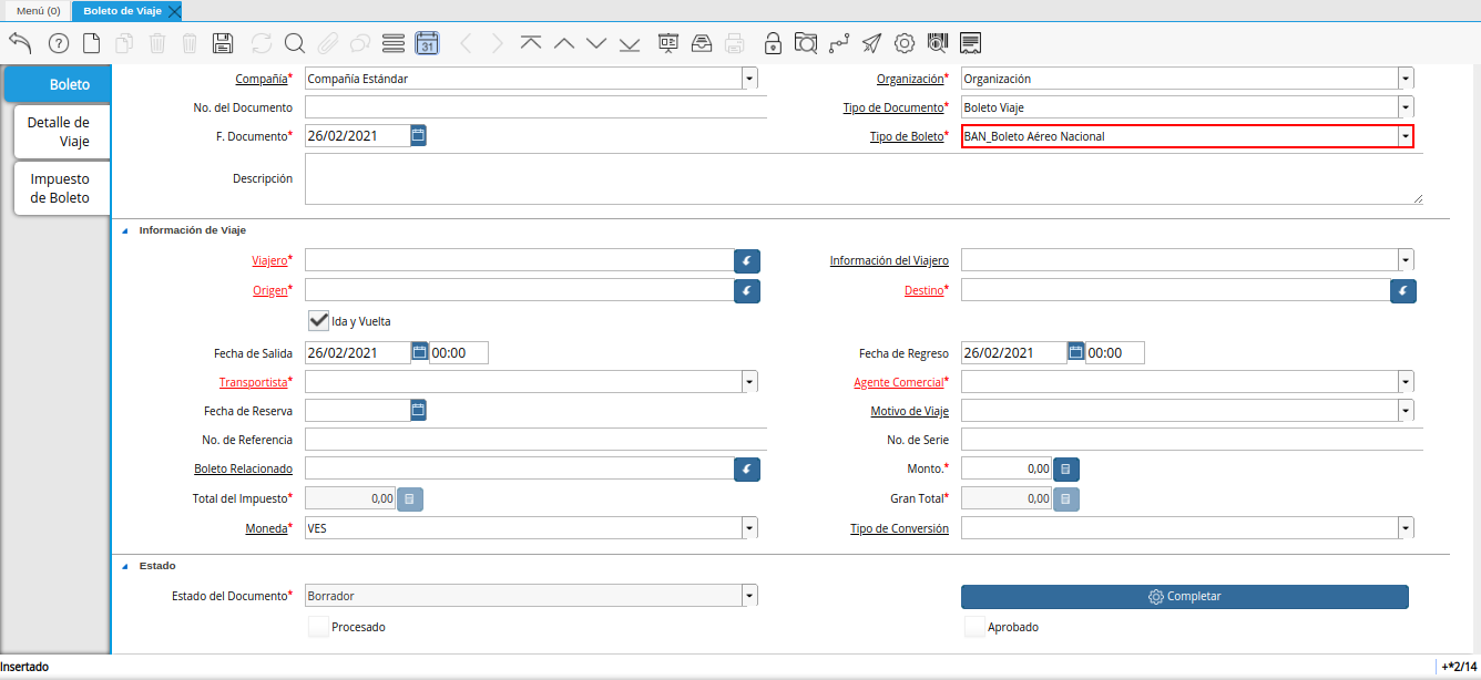campo tipo de boleto de la ventana boleto de viaje