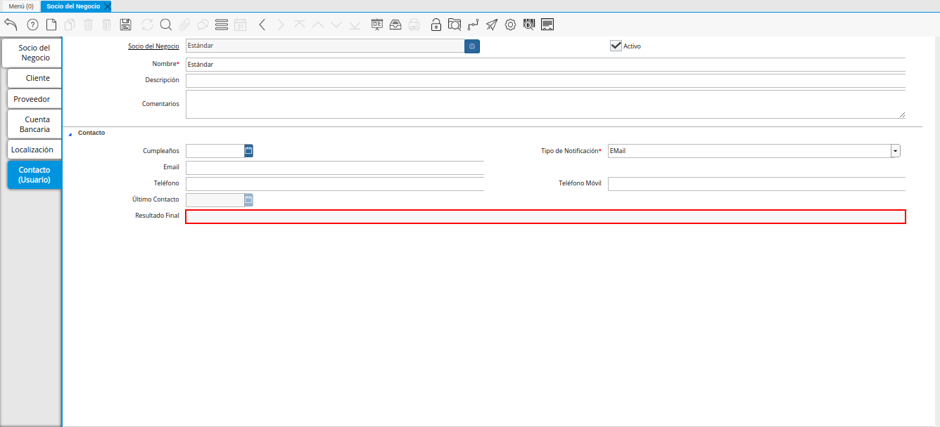 Campo Resultado Final de la Pestaña Contacto del Registro Proveedor