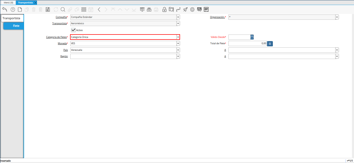 campo categoría de fletes de la ventana transportista