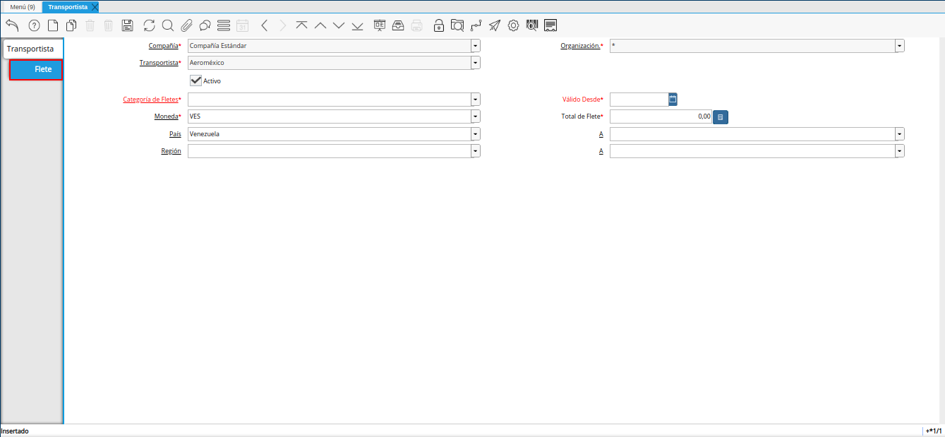 pestaña flete de la ventana transportista