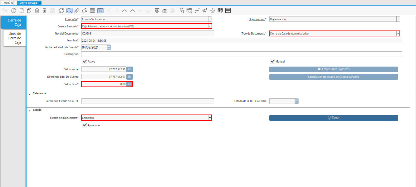 cierre de caja completo por traspaso a banco
