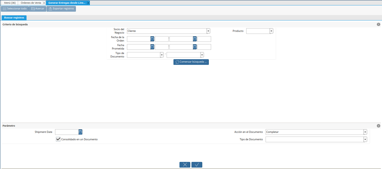 ventana generar entrega desde línea de la orden