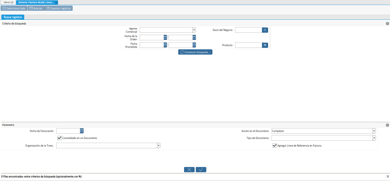 Ventana Generar Factura desde Líneas de la Orden