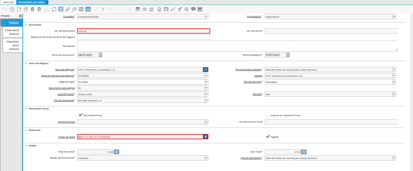 documento de nota de crédito generado