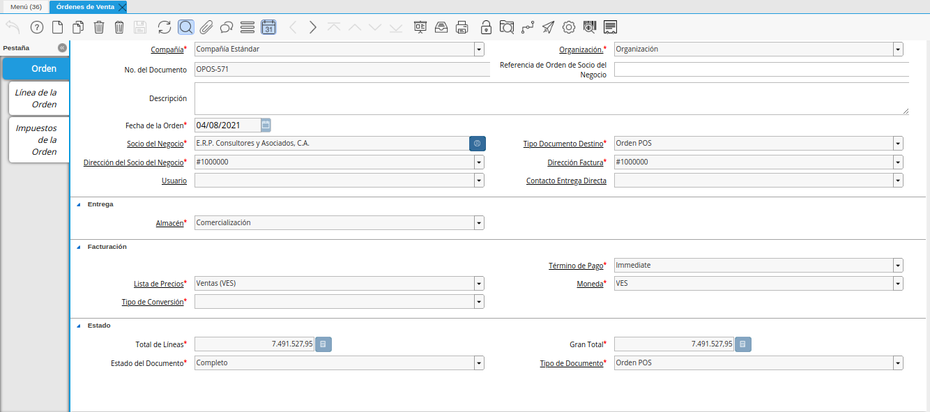 consulta de orden de venta generada