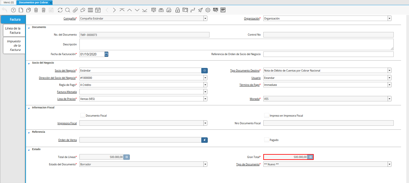 campo gran total nota de débito