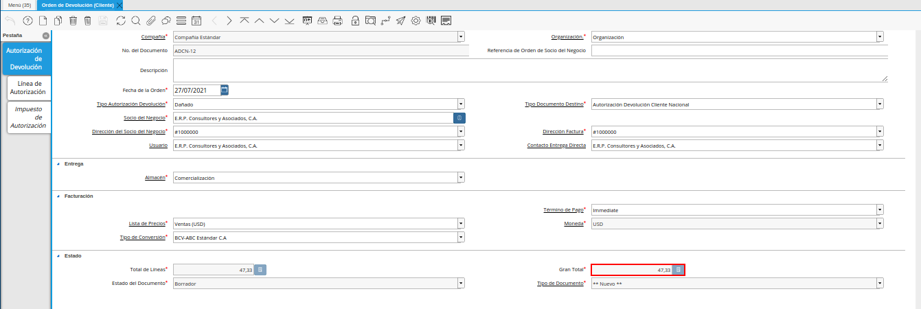 campo gran total de la pestaña principal