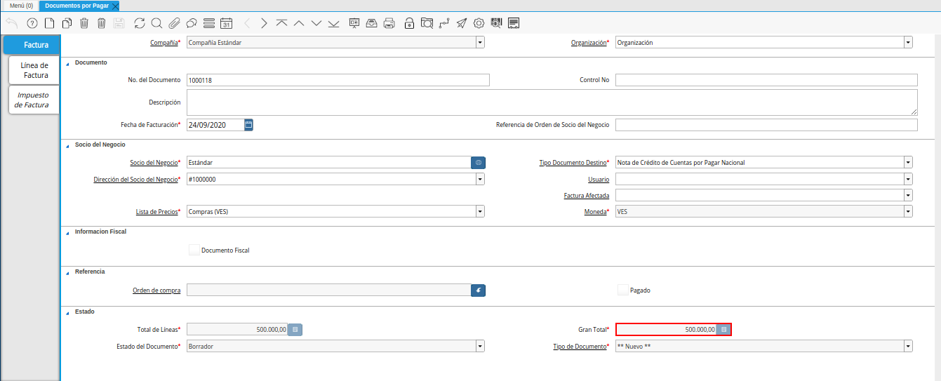 campo gran total de la ventana documentos por pagar