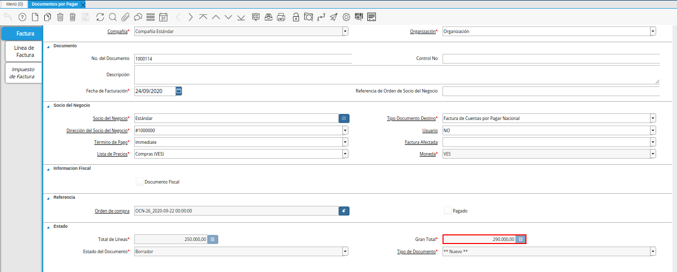 campo gran total de la ventana documentos por pagar