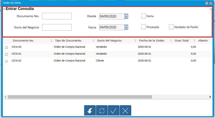 Grupo de Campos Entrar Consulta de la Ventana Orden de Venta Desplegada por el Icono Registros Históricos