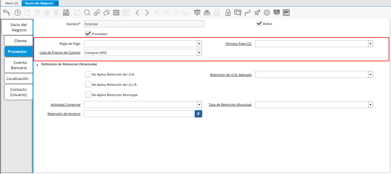 Grupo de Campos Generados por el Checklist Proveedor de la Pestaña Proveedor de la Ventana Socio del Negocio
