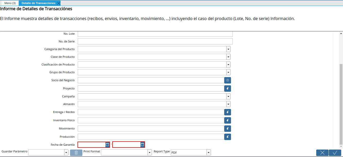 campo fecha de garantía de la ventana detalle de transacciones