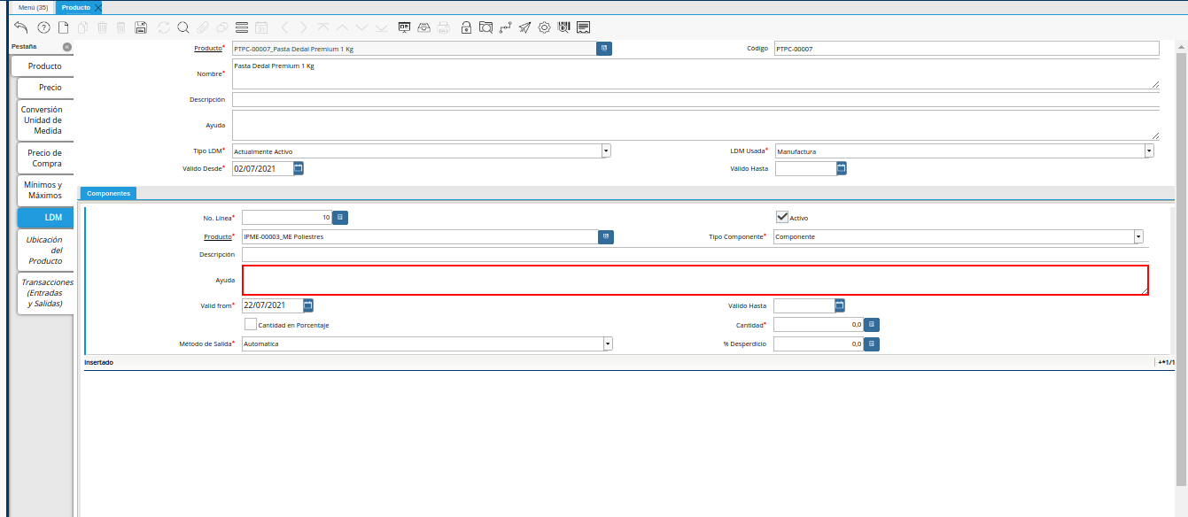 Campo ayuda de la Pestaña ldm del Producto Estándar para Producción