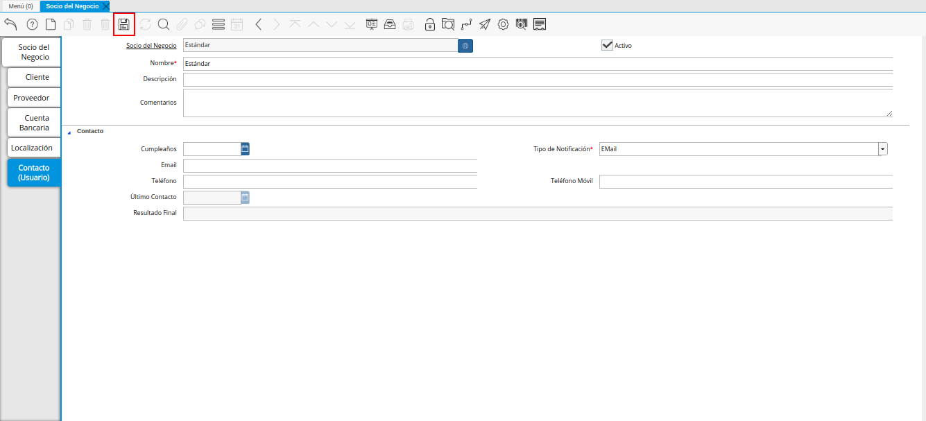 Icono Guardar Cambios de la Pestaña Contacto del Registro Cliente