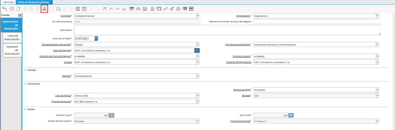 icono guardar cambios de la ventana orden de devolución cliente
