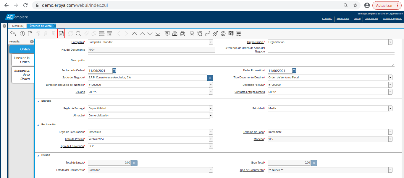 icono guardar cambios de la orden de venta no fiscal