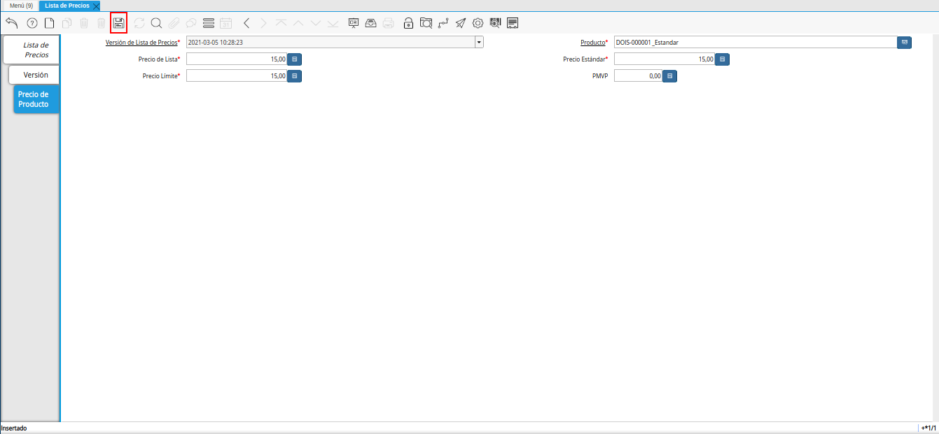 icono guardar cambios de la pestaña precio de producto