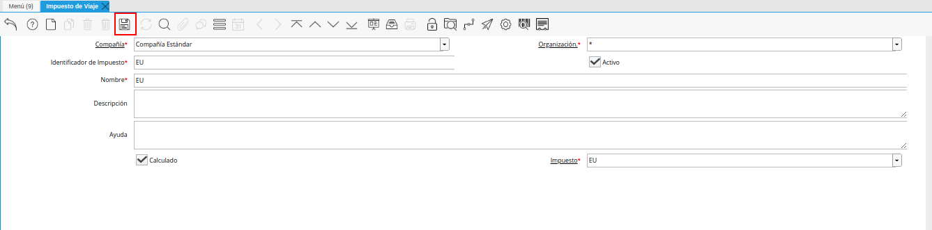 icono guardar cambios de la ventana impuesto de viaje