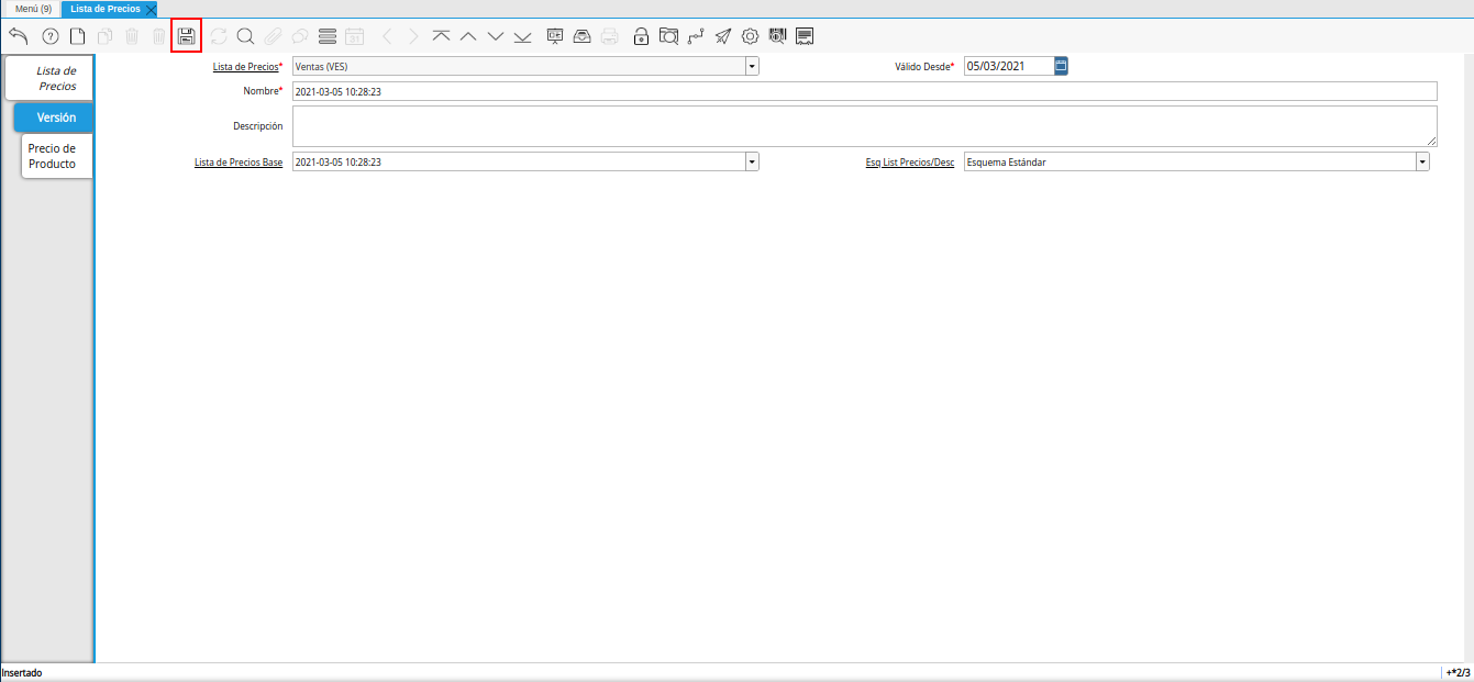 icono guardar cambios para lista de precios desde otra