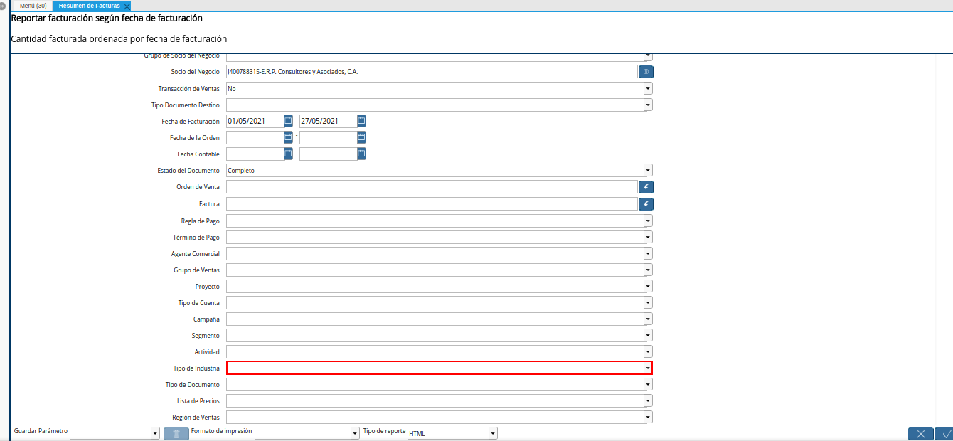 campo tipo de industria del reporte resumen de facturas