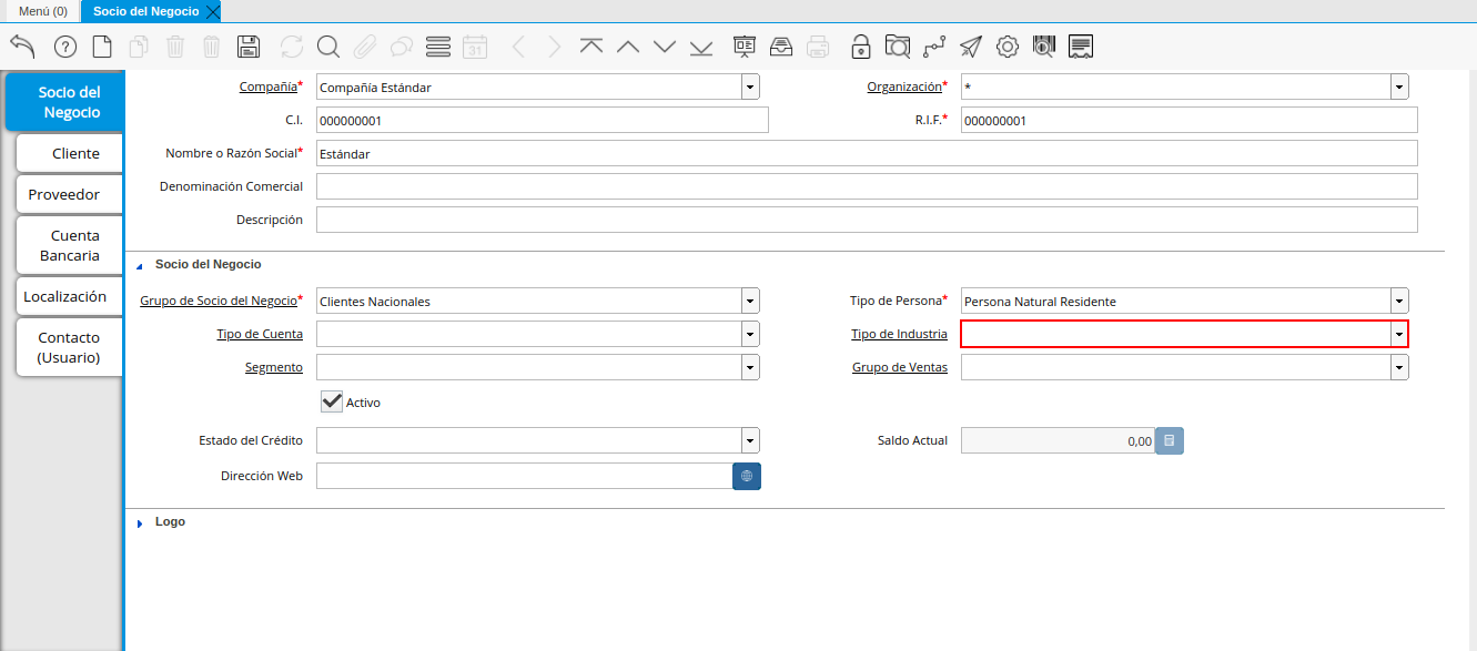 Campo Tipo de Industria de la Pestaña Principal Socio del Negocio