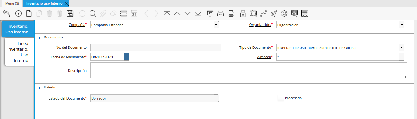tipo de documento de la ventana inventario uso interno