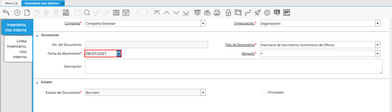 fecha de movimiento de la ventana inventario uso interno