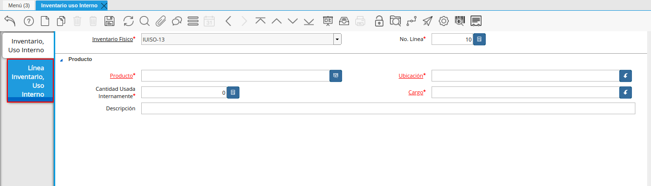 pestaña línea inventario uso interno de la ventana inventario uso interno