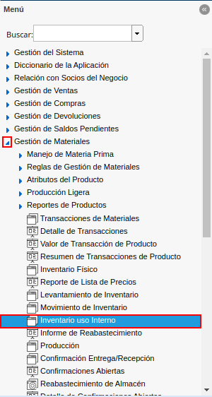 menú de inventario uso interno