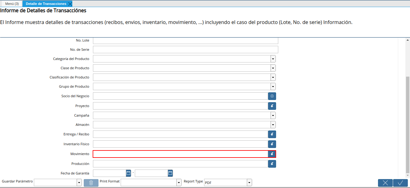 campo movimiento de inventario de la ventana detalle de transacciones